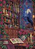Miniatyrbild: Förhandsbild av diamantmönstret: alkemistrum med korp, rosor, flaskor och rosenmönstrad glasmålning i månsken