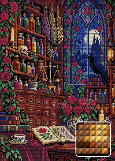 Rose Apothecary at Midnight, 50x70 cm diamond painting – finished design preview with a close-up of square drills