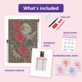 Thumbnail for What is included in the Rose Moon in Black Velvet diamond painting kit - adhesive canvas, reference sheet, tools and numbered drill bags