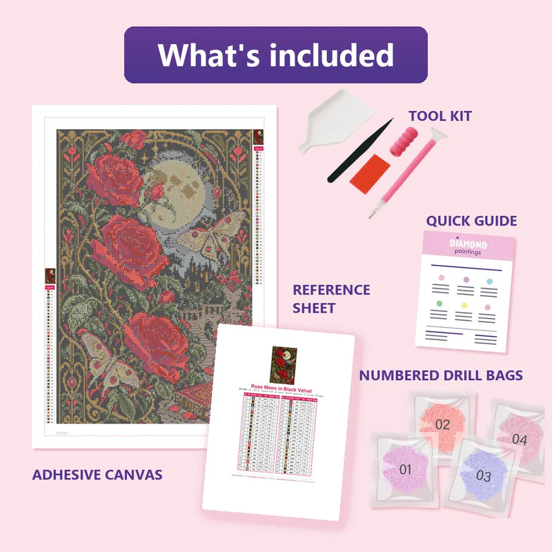 What is included in the Rose Moon in Black Velvet diamond painting kit - adhesive canvas, reference sheet, tools and numbered drill bags