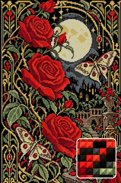 Rose Moon in Black Velvet, 40x60 cm diamond painting – finished design preview with a close-up of square drills