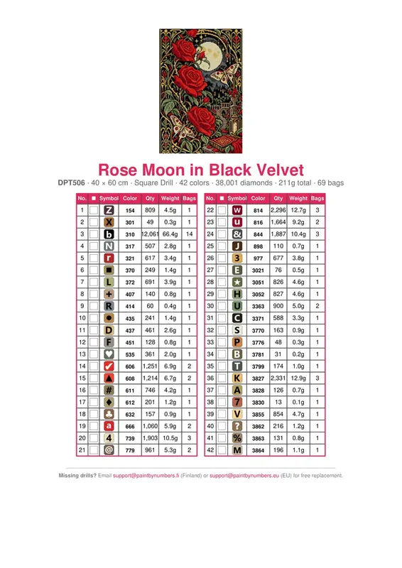 DMC color chart for Rose Moon in Black Velvet diamond painting - 42 colors