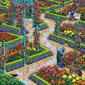 Thumbnail for Paint by numbers of a rose garden after rain, with a gardener pruning roses beside wet paths and a turquoise gazebo.