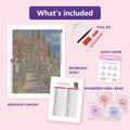 Thumbnail for What is included in the Rose Pavilion Afternoon diamond painting kit - adhesive canvas, reference sheet, tools and numbered drill bags