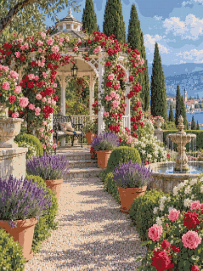 Diamond painting-motiv med en vit pergola med klätterrosor, lavendelkrukor och en fontän