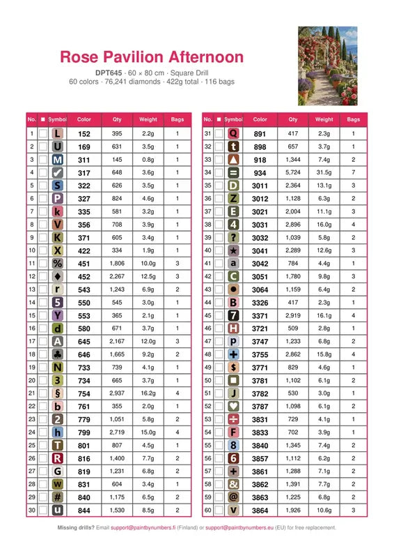 DMC color chart for Rose Pavilion Afternoon diamond painting - 60 colors
