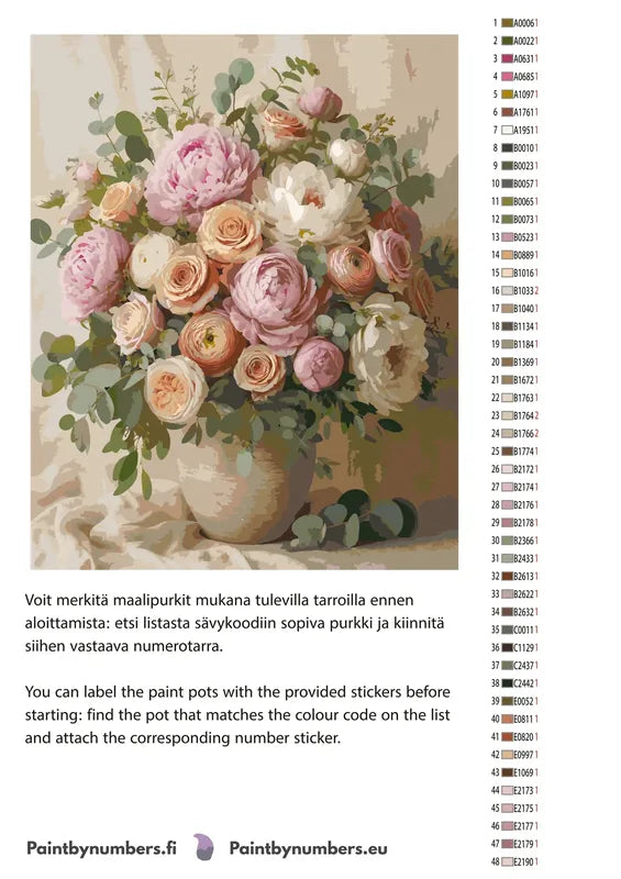 Paint color chart and instructions - Roses and Peonies Bouquet 40x50cm