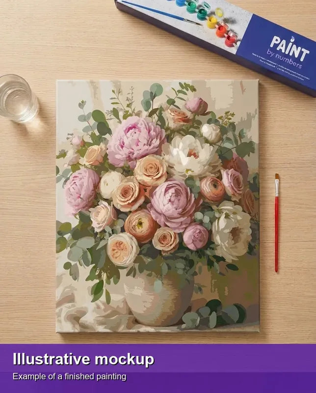 Finished paint by numbers mockup - Roses and Peonies Bouquet 40x50cm
