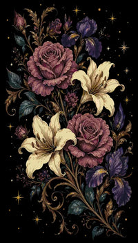 Thumbnail for Roses, lilies and irises floral paint by numbers on black background.