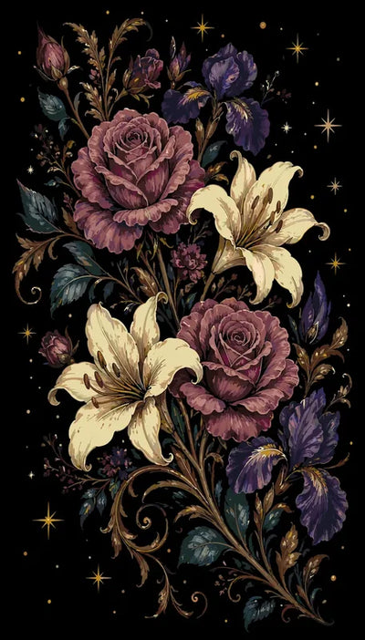 Roses, lilies and irises floral paint by numbers on black background.