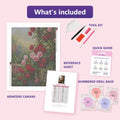 Thumbnail for Roses on the Wall 60x80cm diamond painting kit contents: adhesive canvas, color chart, tools and diamond bags
