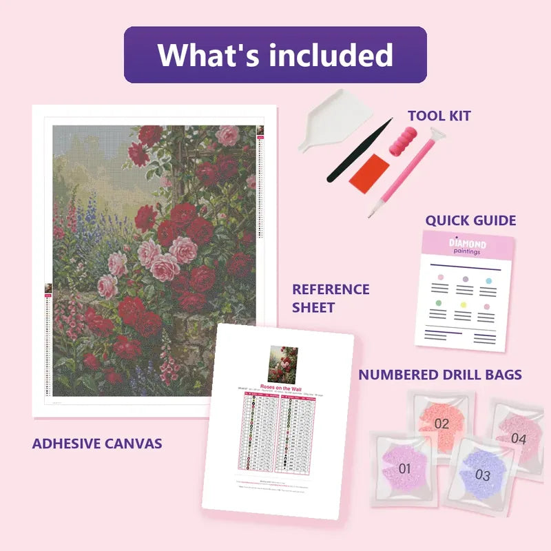 Roses on the Wall 60x80cm diamond painting kit contents: adhesive canvas, color chart, tools and diamond bags