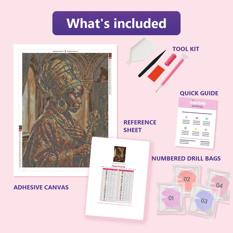 What is included in the Royal Portrait diamond painting kit - adhesive canvas, reference sheet, tools and numbered drill bags