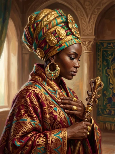 Diamond Painting of a regal woman in ornate attire within a decorative setting.