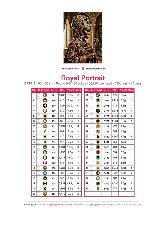 DMC color chart for Royal Portrait diamond painting - 39 colors