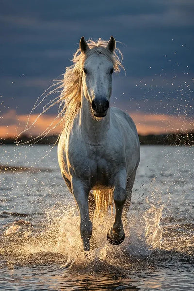 Diamond painting featuring a white horse running in the water at sunset.