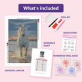 Thumbnail for Running White Horse 40x60cm diamond painting kit contents: adhesive canvas, color chart, tools and diamond bags