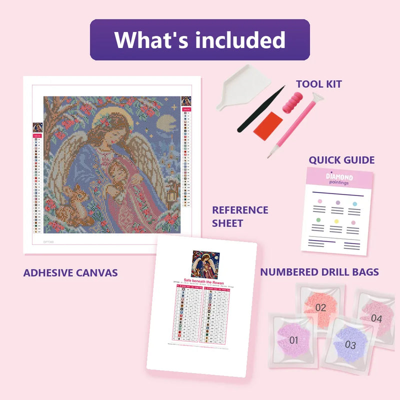 What is included in the Safe beneath the Rowan diamond painting kit - adhesive canvas, reference sheet, tools and numbered drill bags