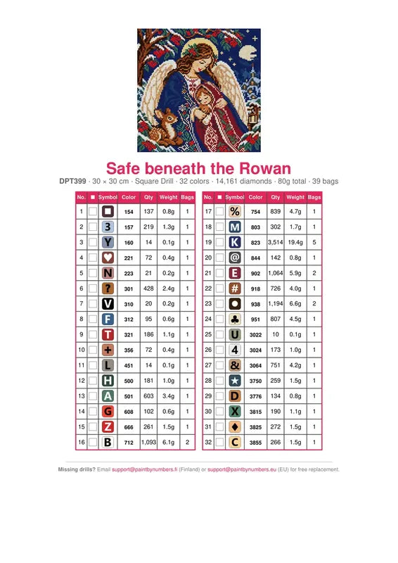 DMC color chart for Safe beneath the Rowan diamond painting - 32 colors
