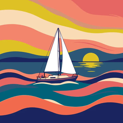 Sailboat at sunset paint by numbers, colorful sea and sky.