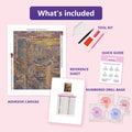 Thumbnail for What is included in the San Francisco Evening diamond painting kit - adhesive canvas, reference sheet, tools and numbered drill bags