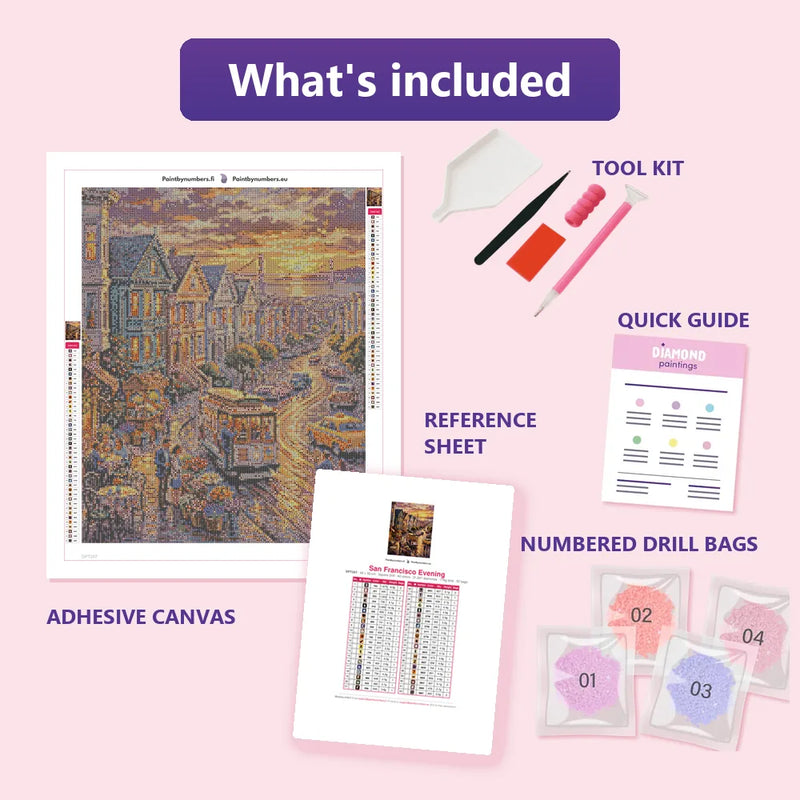 What is included in the San Francisco Evening diamond painting kit - adhesive canvas, reference sheet, tools and numbered drill bags