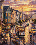 Miniatyrbild: Diamantmönster: en spårvagn mellan viktorianska hus i solnedgångens San Francisco