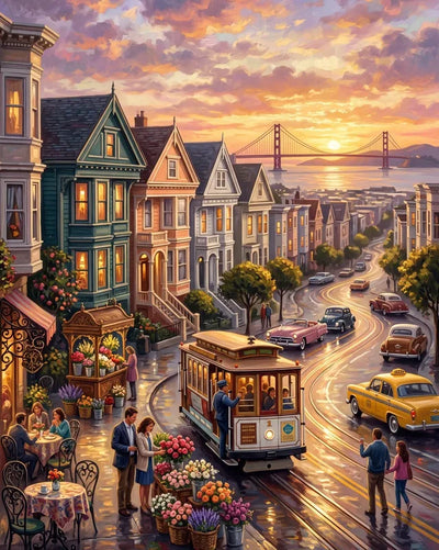 Diamond Painting of San Francisco cable car, Victorian houses, and sunset.