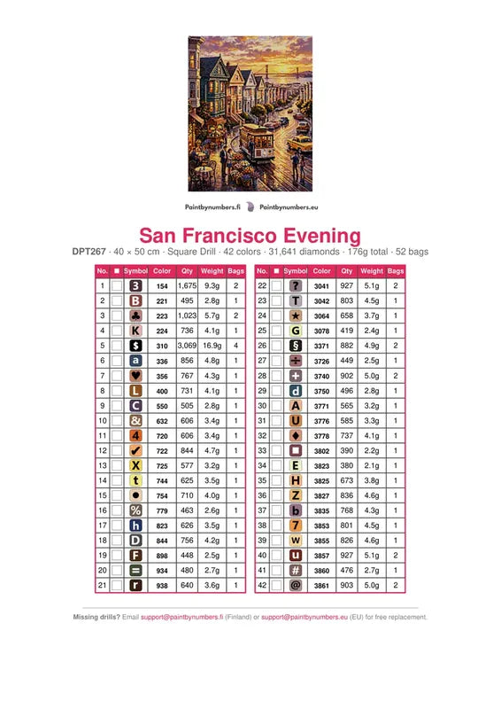 DMC color chart for San Francisco Evening diamond painting - 42 colors