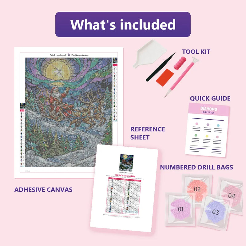 What is included in the Santa's Sleigh Ride diamond painting kit - adhesive canvas, reference sheet, tools and numbered drill bags