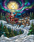 Thumbnail for Diamond Painting of Santa Claus in a sleigh with reindeer, full moon, and snowy forest in stained glass style.