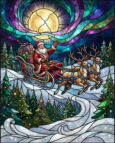 Diamond Painting of Santa Claus in a sleigh with reindeer, full moon, and snowy forest in stained glass style.