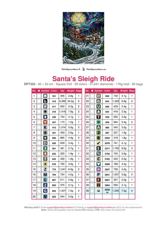 DMC color chart for Santa's Sleigh Ride diamond painting - 39 colors