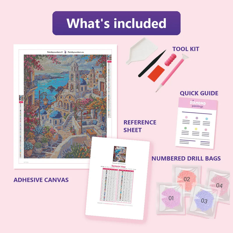What is included in the Santorini View diamond painting kit - adhesive canvas, reference sheet, tools and numbered drill bags
