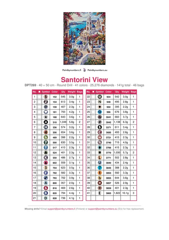 DMC color chart for Santorini View diamond painting - 41 colors