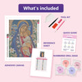 Thumbnail for What is included in the Sapphire Mantle and Lilies diamond painting kit - adhesive canvas, reference sheet, tools and numbered drill bags