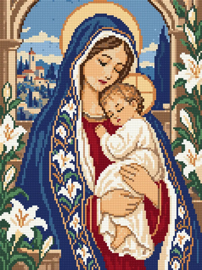 Förhandsbild: madonna med barn i blå mantel med vita liljor framför en valvbåge