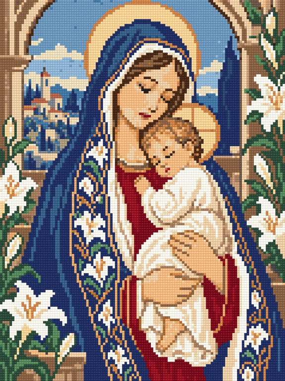 Förhandsbild: madonna med barn i blå mantel med vita liljor framför en valvbåge