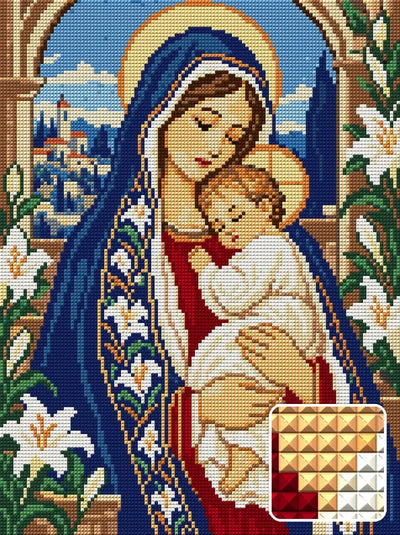 Sapphire Mantle and Lilies, 30x40 cm diamond painting – finished design preview with a close-up of square drills