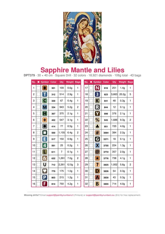 DMC color chart for Sapphire Mantle and Lilies diamond painting - 32 colors