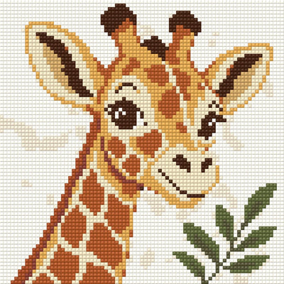 Leende giraff i bruna och beige toner med ett grönt blad mot ljus bakgrund
