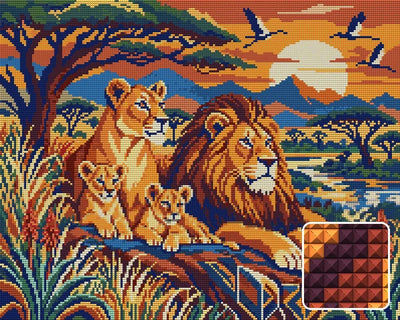 Savanna Family Tapestry, 50x40 cm diamond painting – finished design preview with a close-up of square drills
