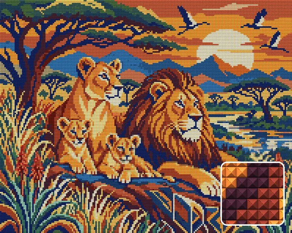 Savanna Family Tapestry, 50x40 cm diamond painting – finished design preview with a close-up of square drills