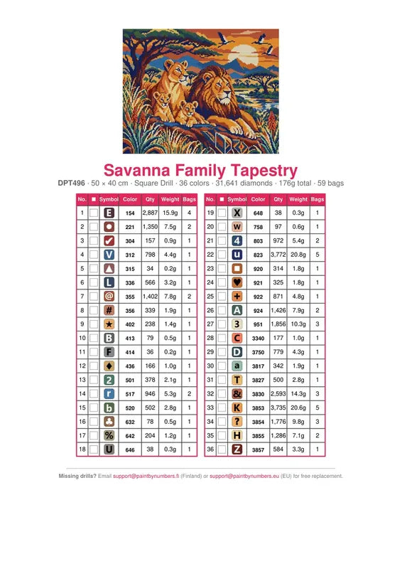 DMC color chart for Savanna Family Tapestry diamond painting - 36 colors
