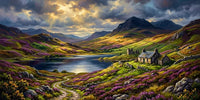 Thumbnail for Diamond painting of a Scottish heather valley, lake, and stone house.
