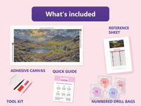 Thumbnail for Scottish Valley 80x40cm diamond painting kit contents: adhesive canvas, color chart, tools and diamond bags