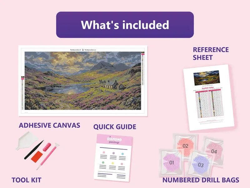Scottish Valley 80x40cm diamond painting kit contents: adhesive canvas, color chart, tools and diamond bags