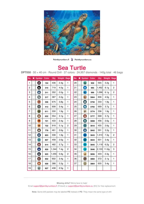 Sea Turtle diamond painting color chart – 37 DMC colors