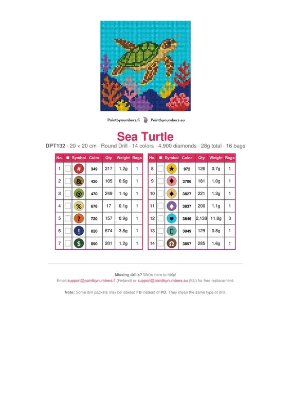 DMC color chart for Sea Turtle diamond painting - 14 colors