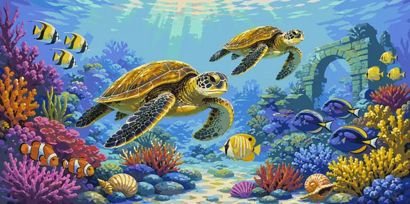 Sea turtles and coral reef Paint By Numbers. Underwater landscape.